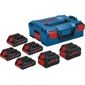 Bosch Professional Akku Set mit 6 Akkus (4x 4Ah, 2x 8Ah) und L-Boxx für Werkzeugakkus.
