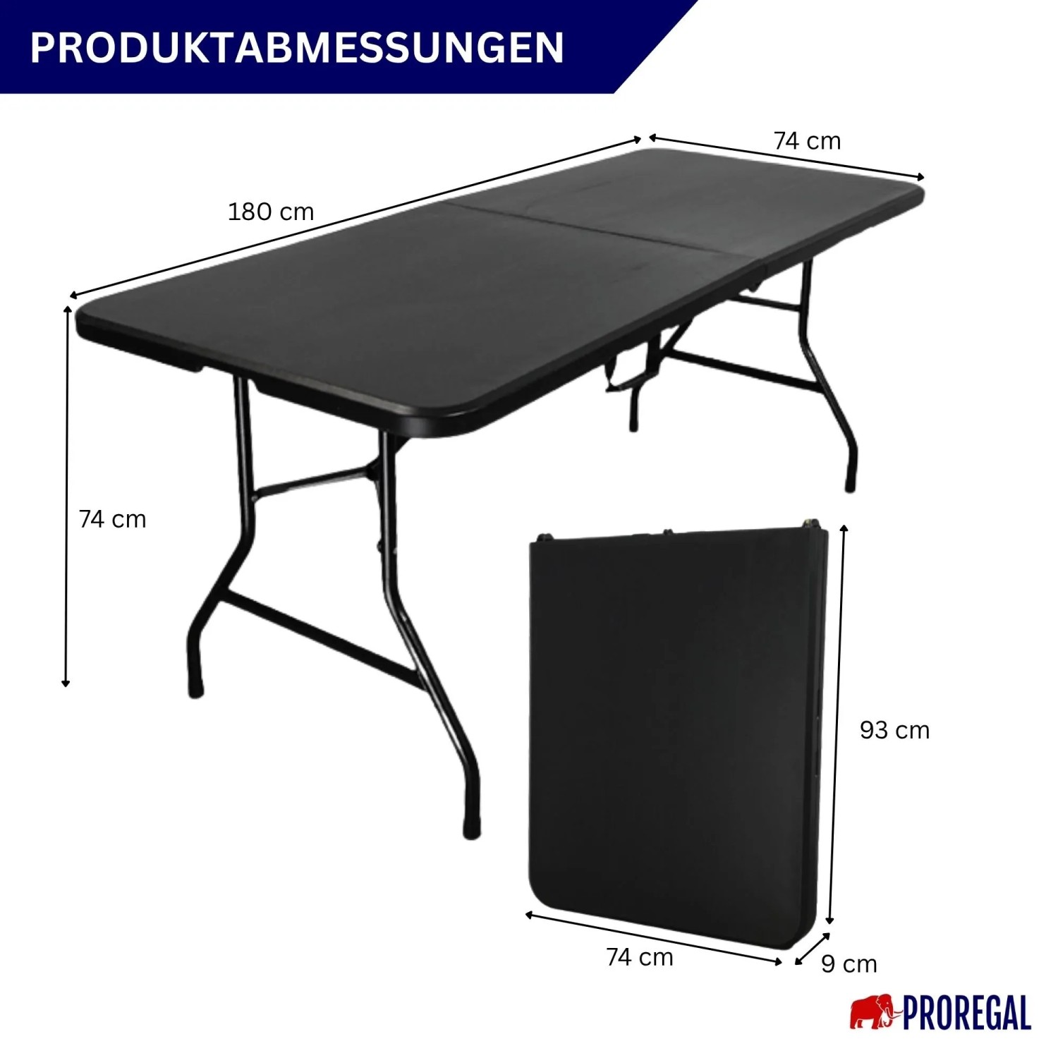 CHEFGASTRO Bierzeltgarnitur, 180cm, 3-teilig, klappbar, mit Maßen im aufgebauten und zusammengeklappten Zustand.