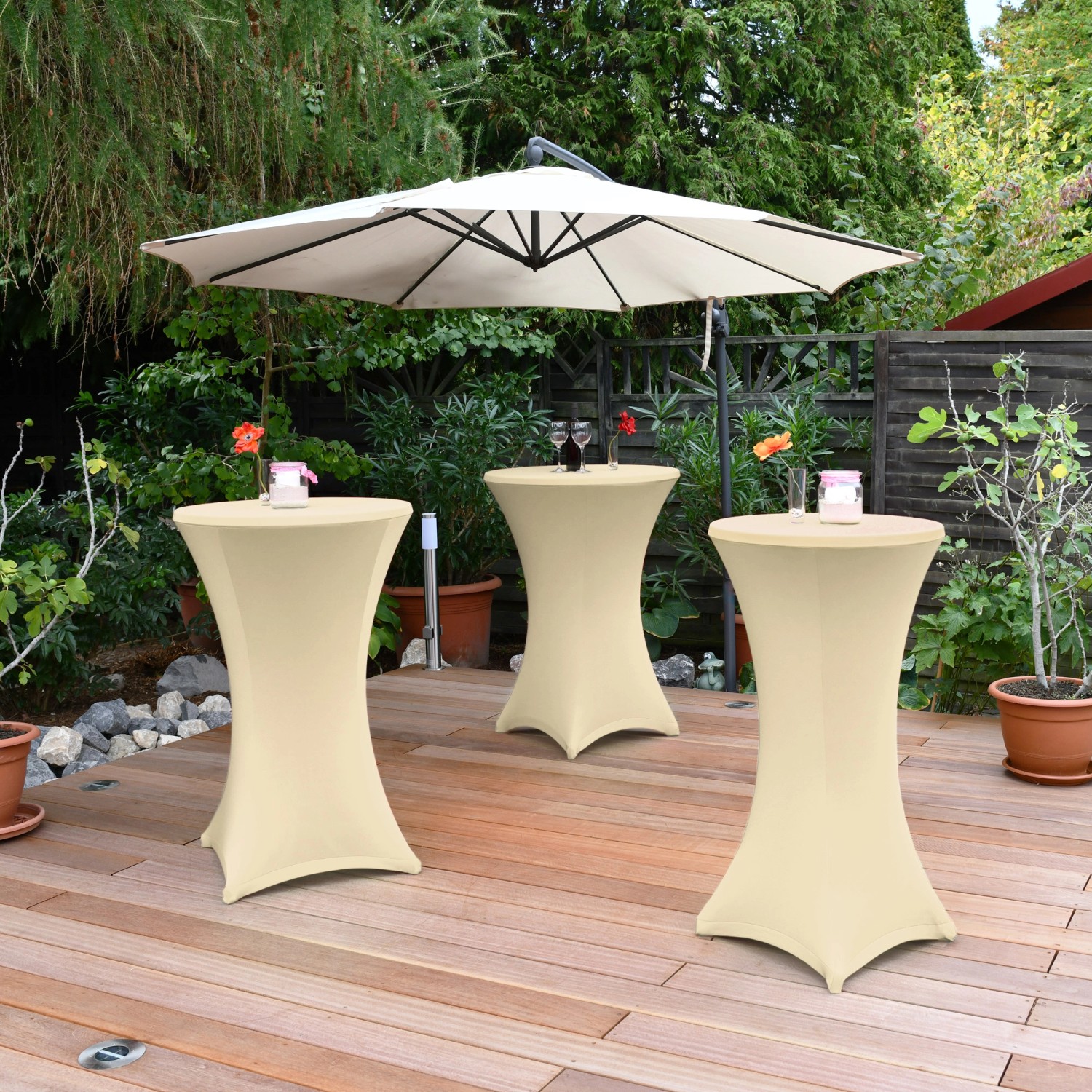 Creme Beautissu Stehtischhussen Stella, Stretchhusse für Stehtische im Garten.