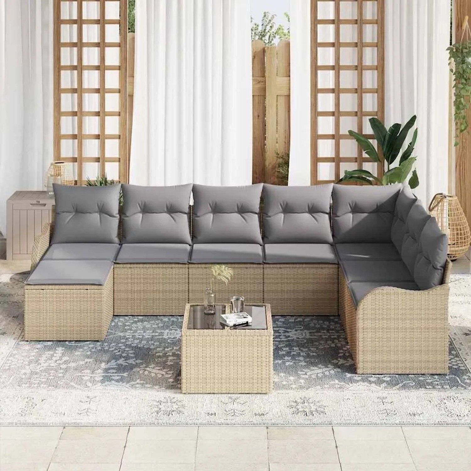 Beiges 9-teiliges vidaXL Garten-Sofa-Set aus Poly Rattan mit Kissen.
