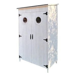 Weißer Leco Gartenschrank Toni im Vintagelook mit zwei Bullaugen.