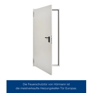 Geöffnete Hörmann Brandschutzklappe T30 in Grauweiß, Stahltür für Heizungskeller und Öltankräume.