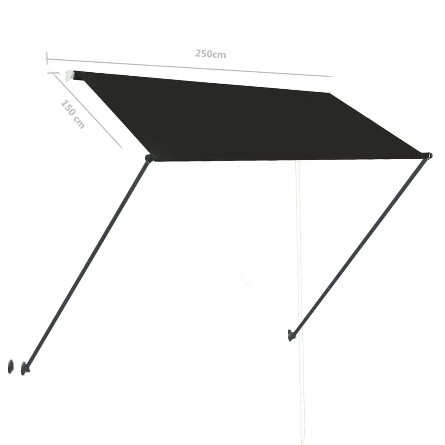 Anthrazitfarbene einziehbare Markise 250x150 cm, aus Polyestergewebe mit Stahlrahmen, manuell bedienbar.