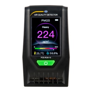 PCE RCM 10 Staubmessgerät zur Messung der Luftqualität mit digitaler Anzeige von Temperatur und Luftfeuchtigkeit.