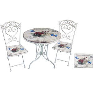 Weißes Garden Pleasure Bistro-Set Floral, 3-teilig, mit Tisch und Stühlen mit Blumen- und Schmetterlingsmuster.
