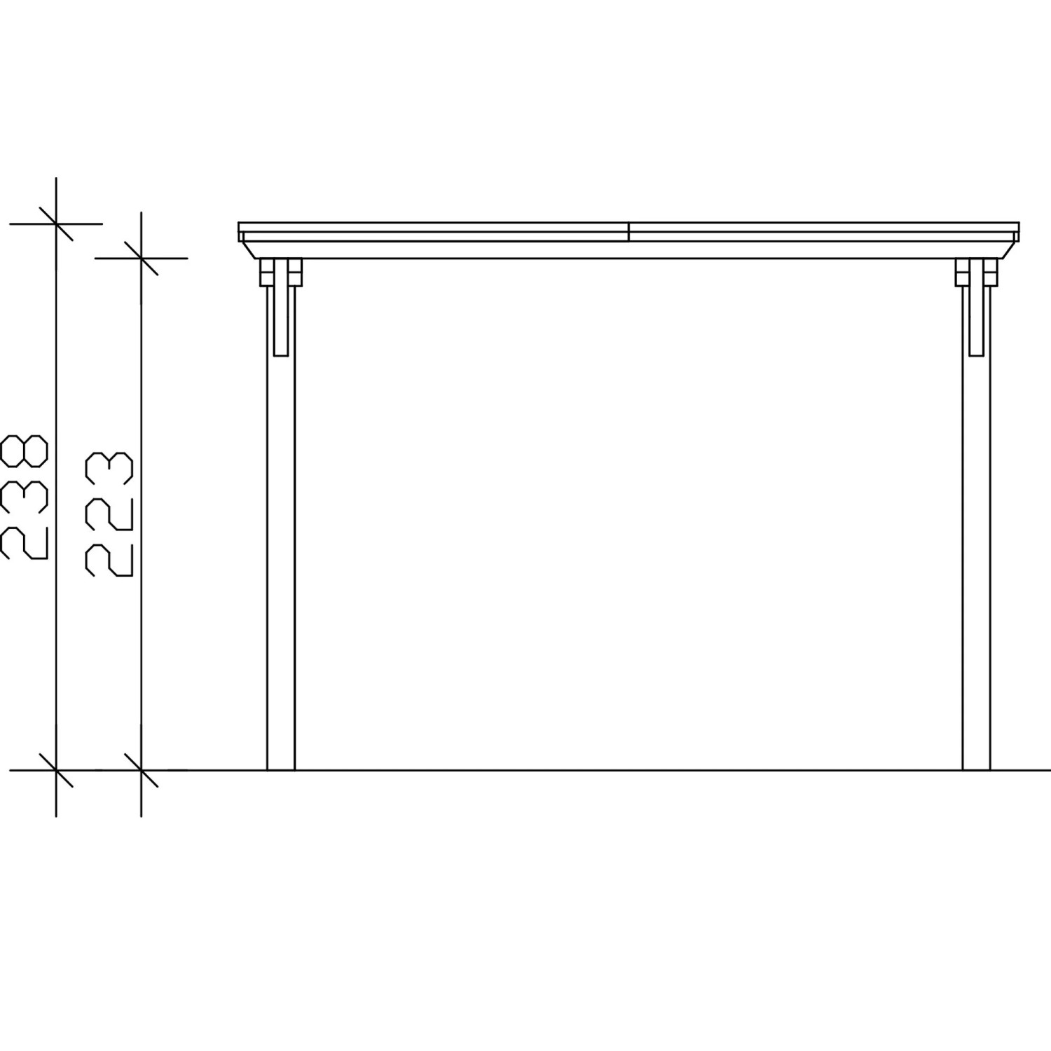 Skan Holz Carport Emsland EPDM-Dach, Vorderansicht mit Maßen. Flachdach und Holzpfosten.