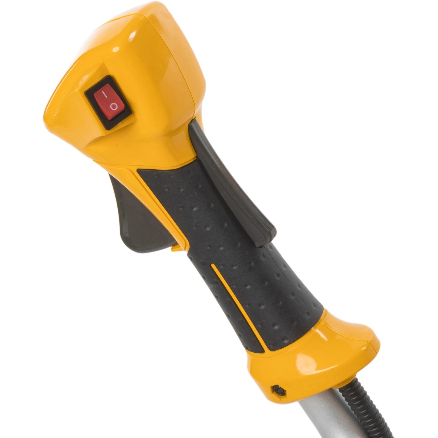 Detailaufnahme des gelben Griffs mit Schalter der Stiga Benzin-Motorsense BC 535 B.