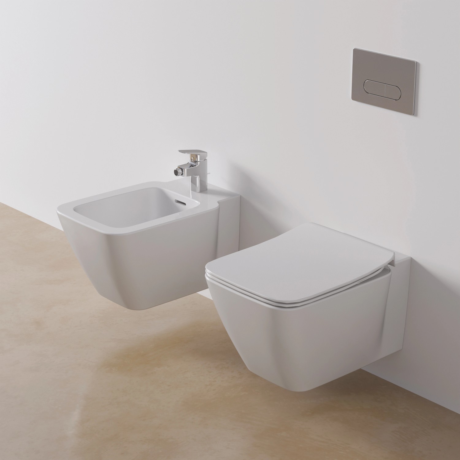 Ideal Standard Strada II Wand-WC, spülrandlos, mit Bidet und Betätigungsplatte in Weiß.