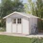 Grosfillex Kunststoff-Gartenhaus Deco H 7.5 in Graugrün mit Doppeltür und Fahrrad im Garten.