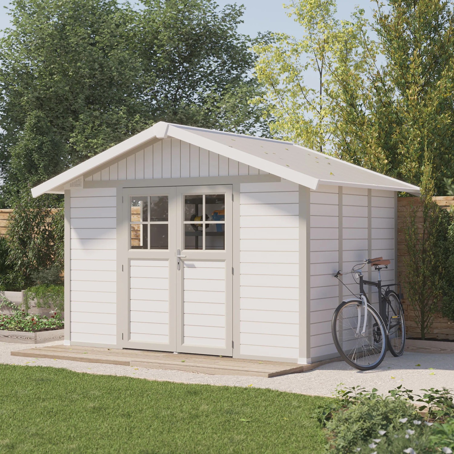 Grosfillex Kunststoff-Gartenhaus Deco H 7.5 in Graugrün mit Doppeltür und Fahrrad im Garten.