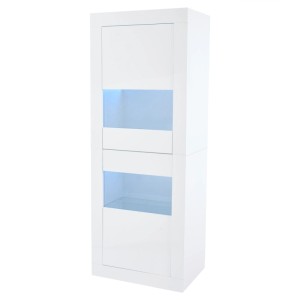 Weiße Vitrine mit LED-Beleuchtung, Glasböden und Stauraum. Modernes Wohnzimmerregal 61x42x162cm.