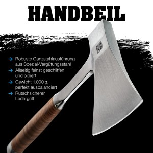 Halder Handbeil aus Stahl mit Ledergriff und Schneidschutz.