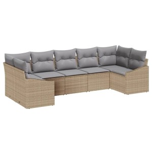 Beige-hellgraue 7-tlg. Garten Lounge Essgruppe aus Polyrattan in U-Form mit Kissen.