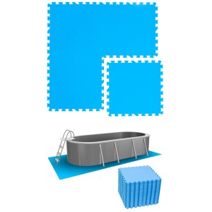 Blaue eyepower Poolunterlage aus 50x50 cm Puzzlematten. Schützt den Pool, gestapelte Matten und Pool auf Unterlage gezeigt.