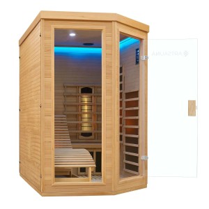 Artsauna Infrarotkabine Kolding aus Hemlockholz mit Glasfront und LED-Beleuchtung.