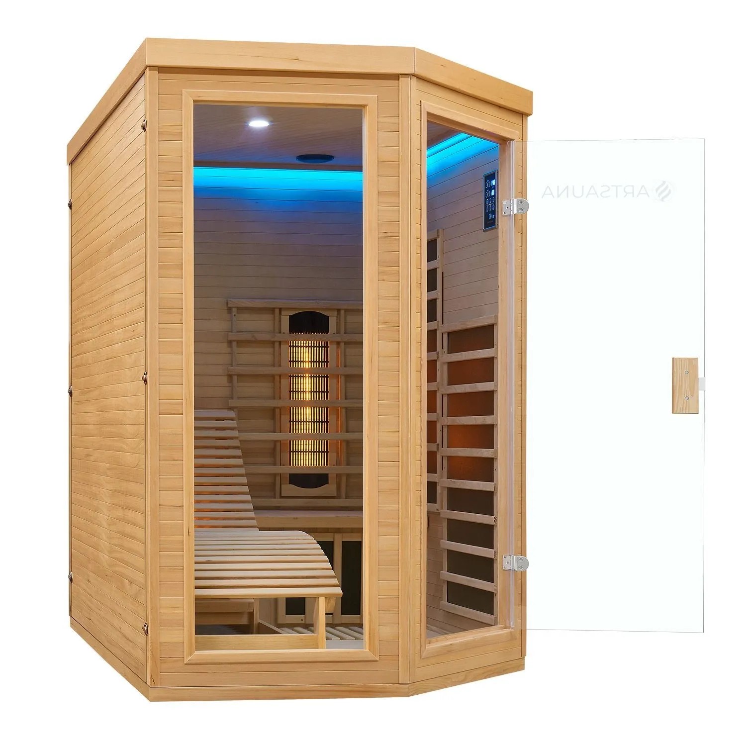 Artsauna Infrarotkabine Kolding aus Hemlockholz mit Glasfront und LED-Beleuchtung.
