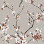 Vliestapete mit Blumenmuster in Grau und Braun, leicht strukturiert.