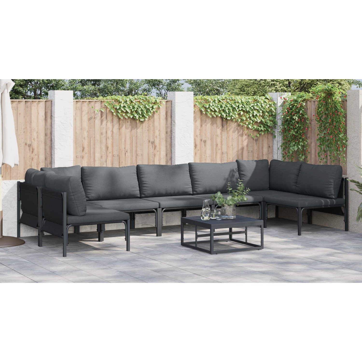 Anthrazitfarbenes 7-teiliges Garten-Sofa-Set aus Stahl von vidaXL mit Tisch und bequemen Sitzkissen.