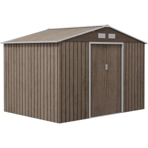 Outsunny Gerätehaus mit Pultdach, Stahl in Braun, 277x195x192 cm. Gartenhaus mit Schiebetüren.