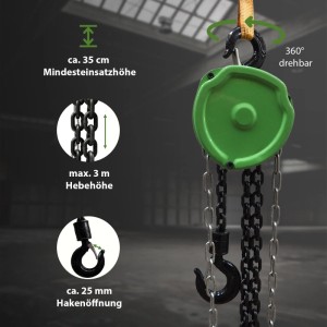 TRUTZHOLM Kettenzug 1000kg mit 3m Hubhöhe, grüne Gehäuseabdeckung, Ketten und drehbare Haken.