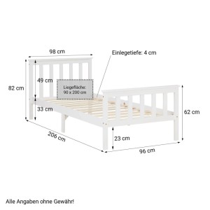 Weißes Homestyle4u Holzbett 90x200 cm aus Kiefernholz mit Lattenrost und Maßen. Stabiles Bettgestell mit Kopf- und Fußteil.