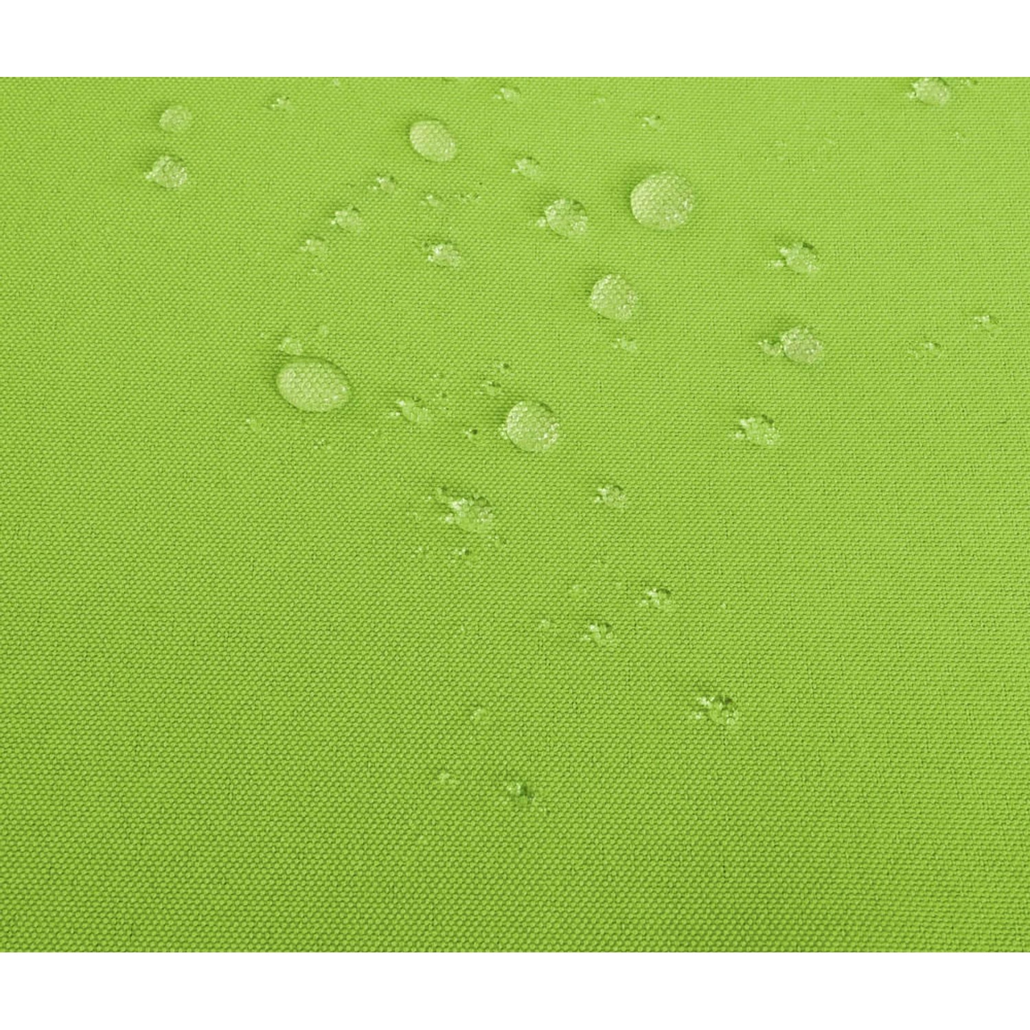 Detailaufnahme: Grüner, wasserabweisender Kissenbezug der Gartenbank Hamar mit Wassertropfen.