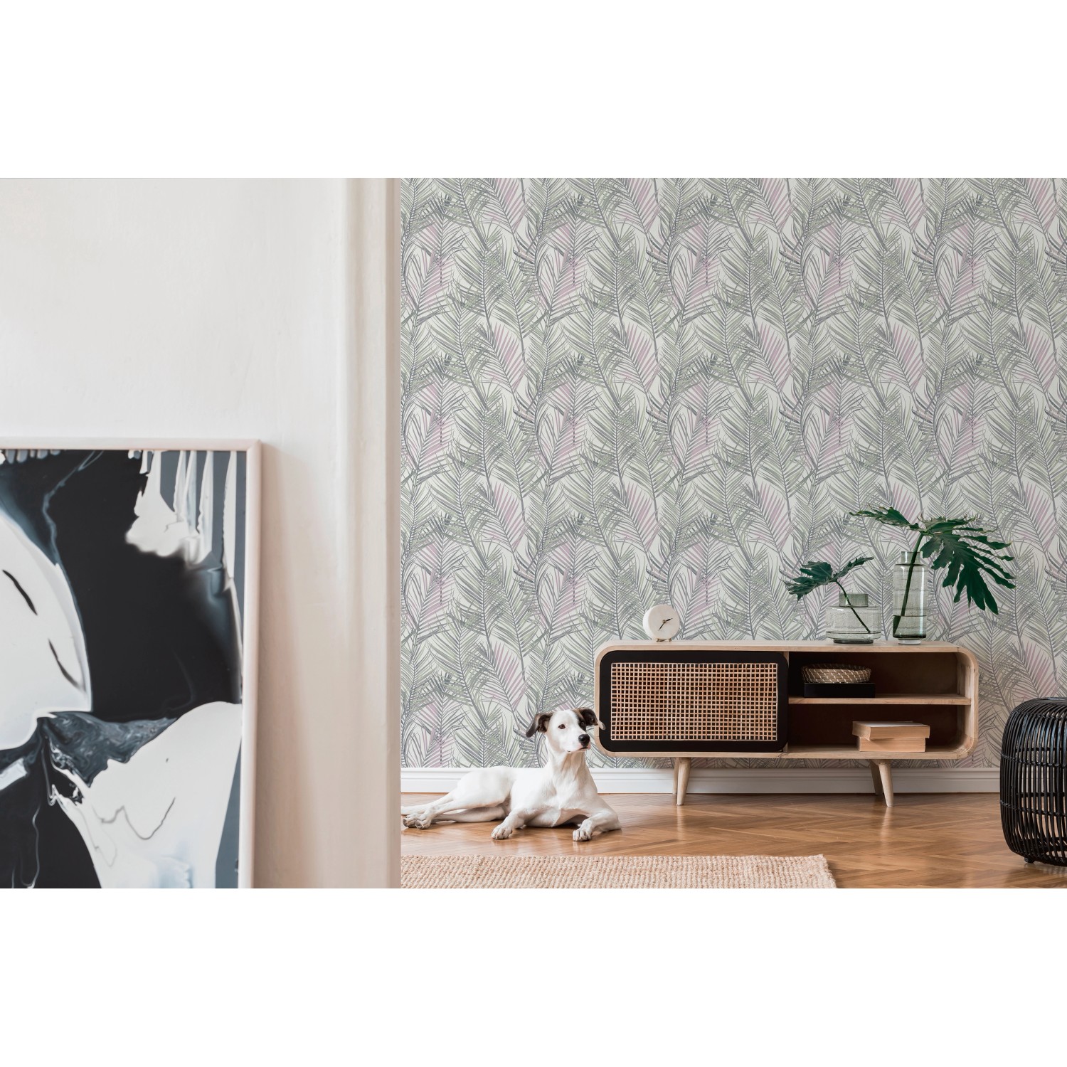 A.S. Création Vliestapete Dschungel Grau Grün im Raum, mit Blättermuster.