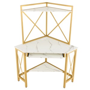 Weißer Costway Schreibtisch mit goldfarbenem Gestell, Ladestation und Aufsatzregal.