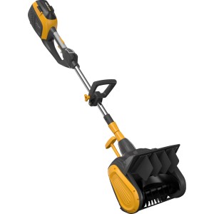 Stiga Akku-Schneebürste ST 300e mit Akku und Ladegerät. Kompakte Schneefräse in Gelb/Schwarz.