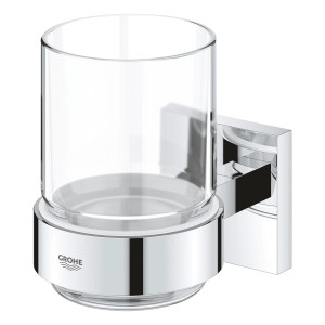 Grohe QuickFix Zahnputzbecher mit Halter, Glas und Chrom.