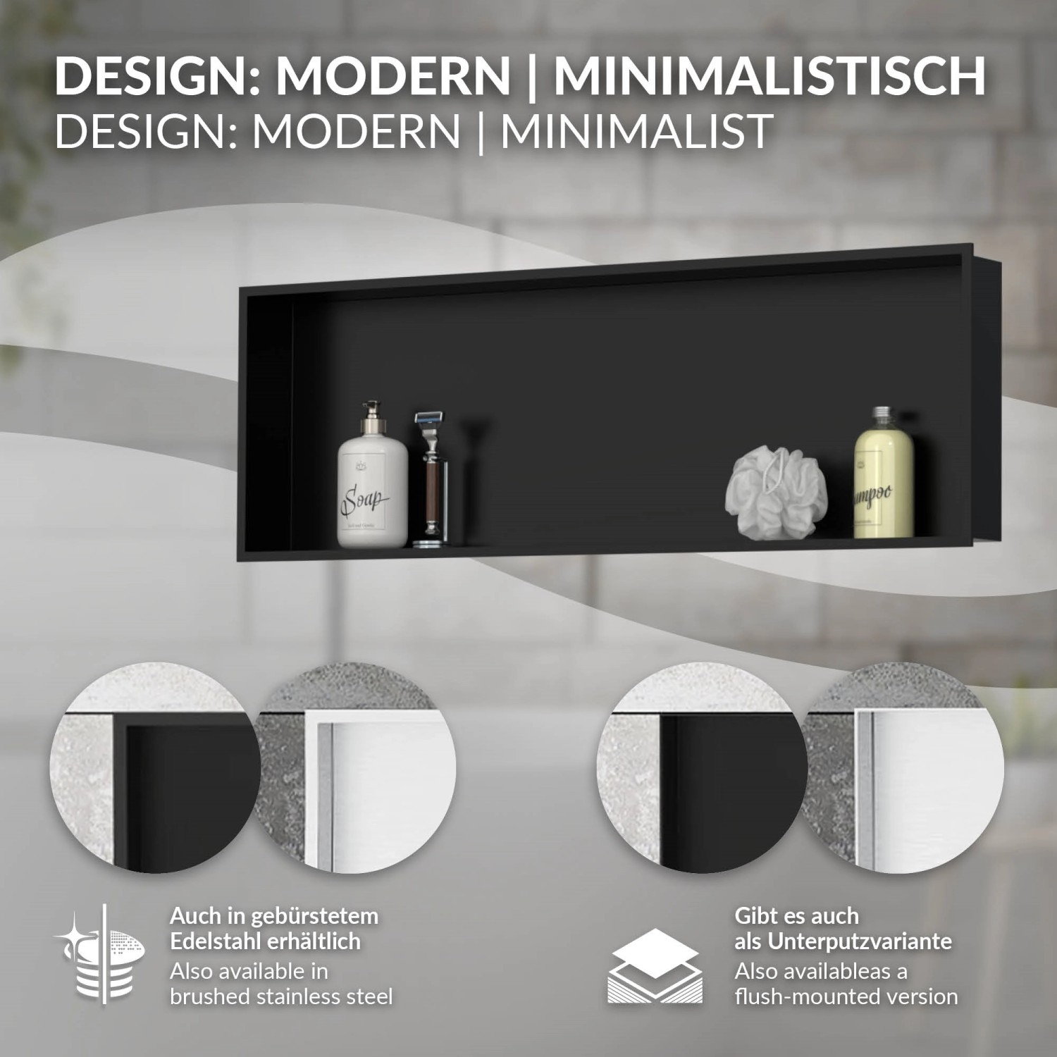 Schwarze LuxeBath Wandnische aus Edelstahl, 90x30 cm, mit Rahmen als Duschzubehör.