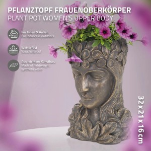 Bronzefarbener ML-Design Pflanztopf in Form eines Frauenkopfes, 32 cm hoch, mit Blumen bepflanzt.