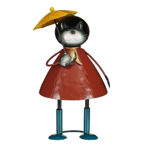 Deko-Figur: Rote Katze mit gelbem Regenschirm, 28 cm hoch, für Garten und Wohnbereich.