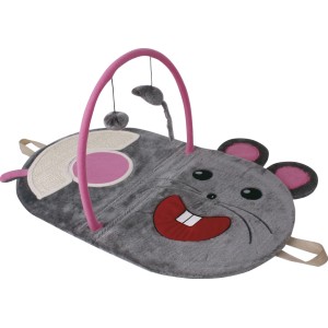 Katzenspielbrett in Mausform mit Plüsch, Kratzfläche und Spielbogen mit Anhängern.