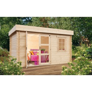 Kiehn-Holz Gartenhaus KH 28-023, 340x250 cm, unbehandeltes Holz mit Fenster und geöffneter Doppeltür.