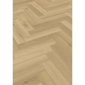 Click-Vinylboden Baienbach Herringbone Oak im Fischgrätmuster, helle Holzoptik.