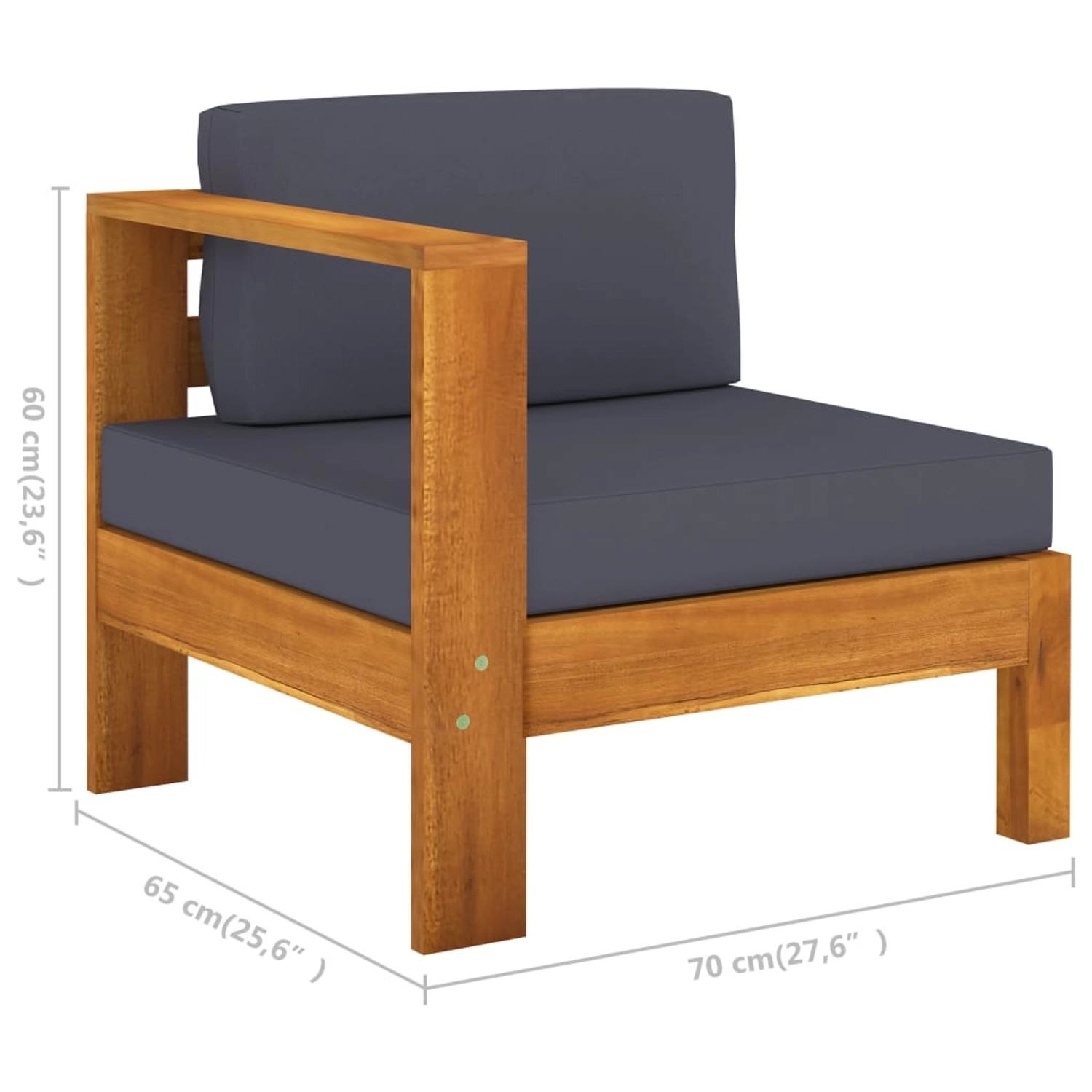 vidaXL Gartenlounge Sessel aus Akazienholz mit dunkelgrauen Auflagen.