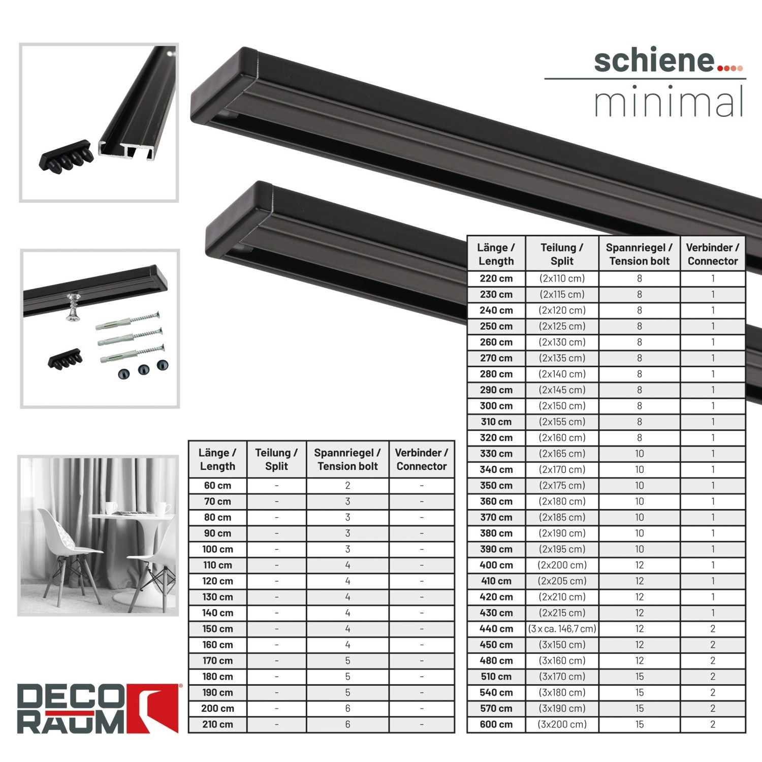 Deco-Raum Gardinenschiene nach Maß 1-Lauf Deckenmontage Minimal Schwarz 230cm_3