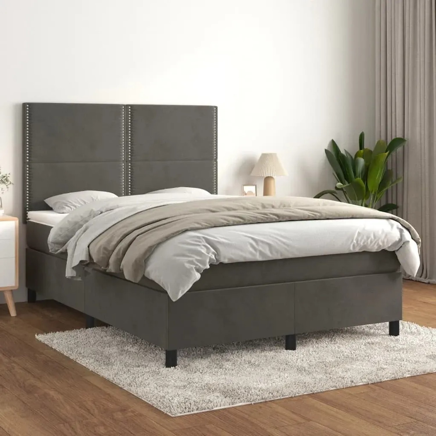 Dunkelgraues vidaXL Boxspringbett 140x190 cm mit Samtbezug und Matratze.