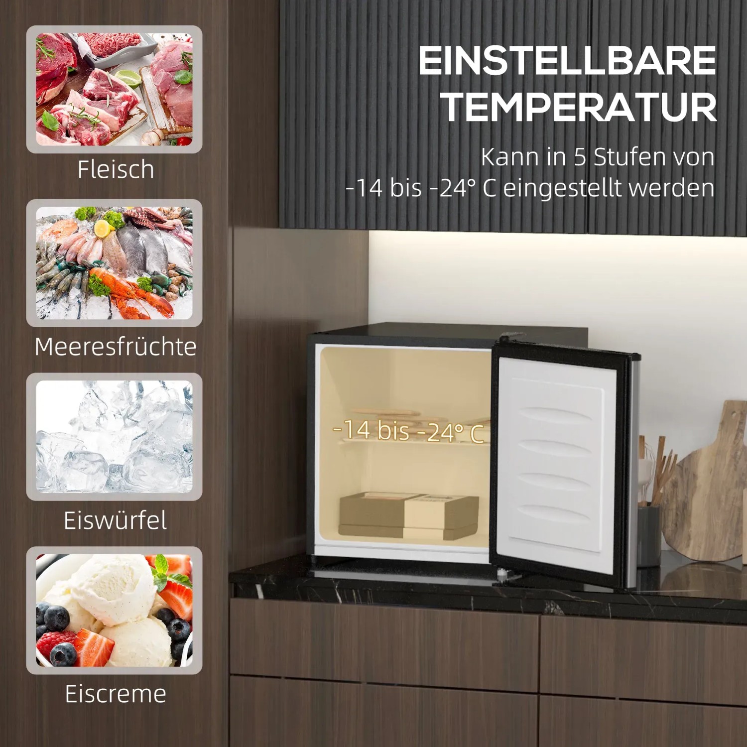 HOMCOM Mini-Gefrierschrank, silberfarben, mit offener Tür und Temperaturanzeige.