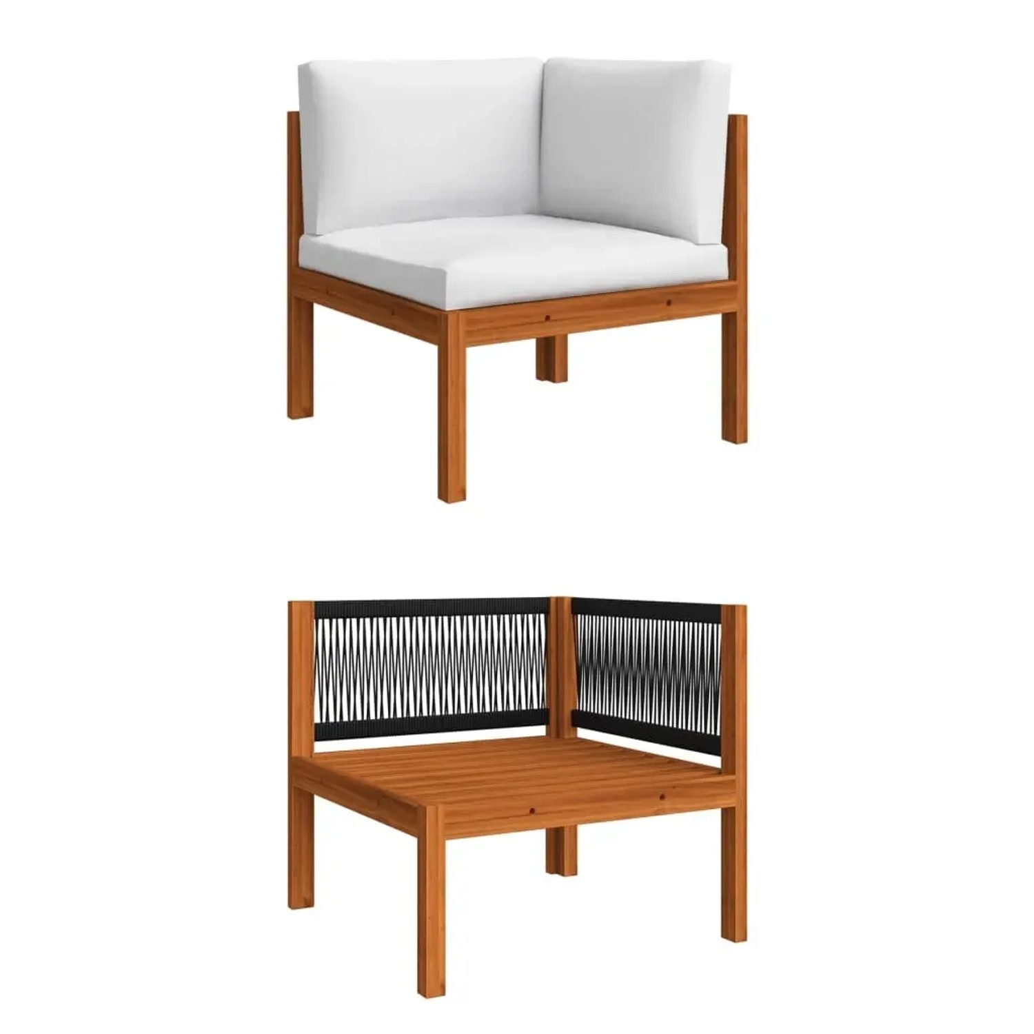 7-tlg. Garten Lounge Set aus Akazienholz mit cremefarbenen Kissen und Seilrückenlehne.