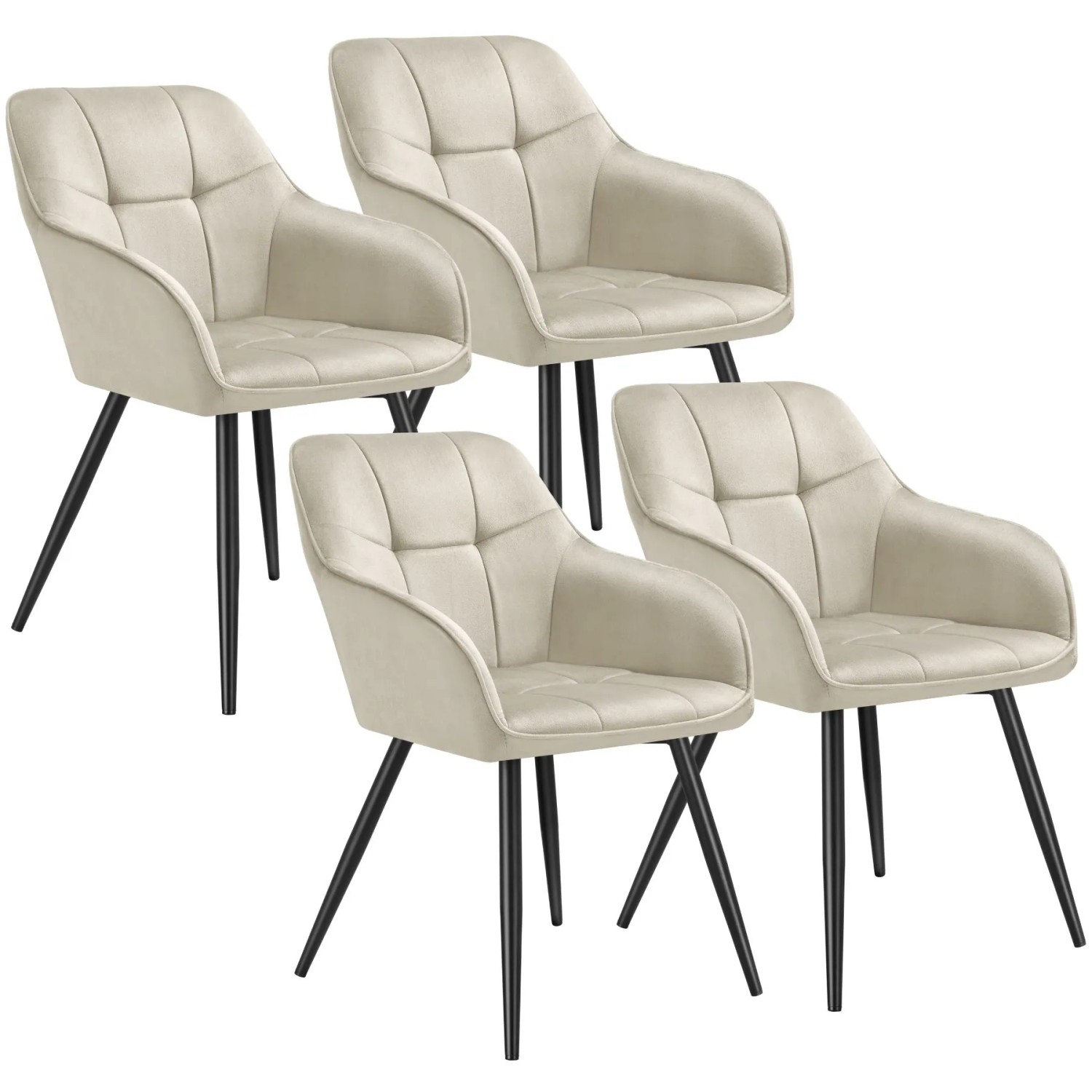 Tectake Esszimmerstuhl Marilyn Gepolstert  In Samtoptik  Gesteppt Durchgehende Lehne 4Er Set 62 x 58 x 82 cm Creme Schwarz