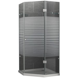 Gestreifte 5-Eck Duschkabine, 100x190x100 cm, DIN Rechts, Komplettdusche mit grauen Fliesen im Hintergrund.