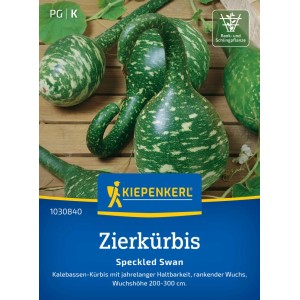 Kiepenkerl Zierkürbis Speckled Swan Saatgut: Grün-weiß gesprenkelte Kalebassen-Kürbisse auf der Verpackung.