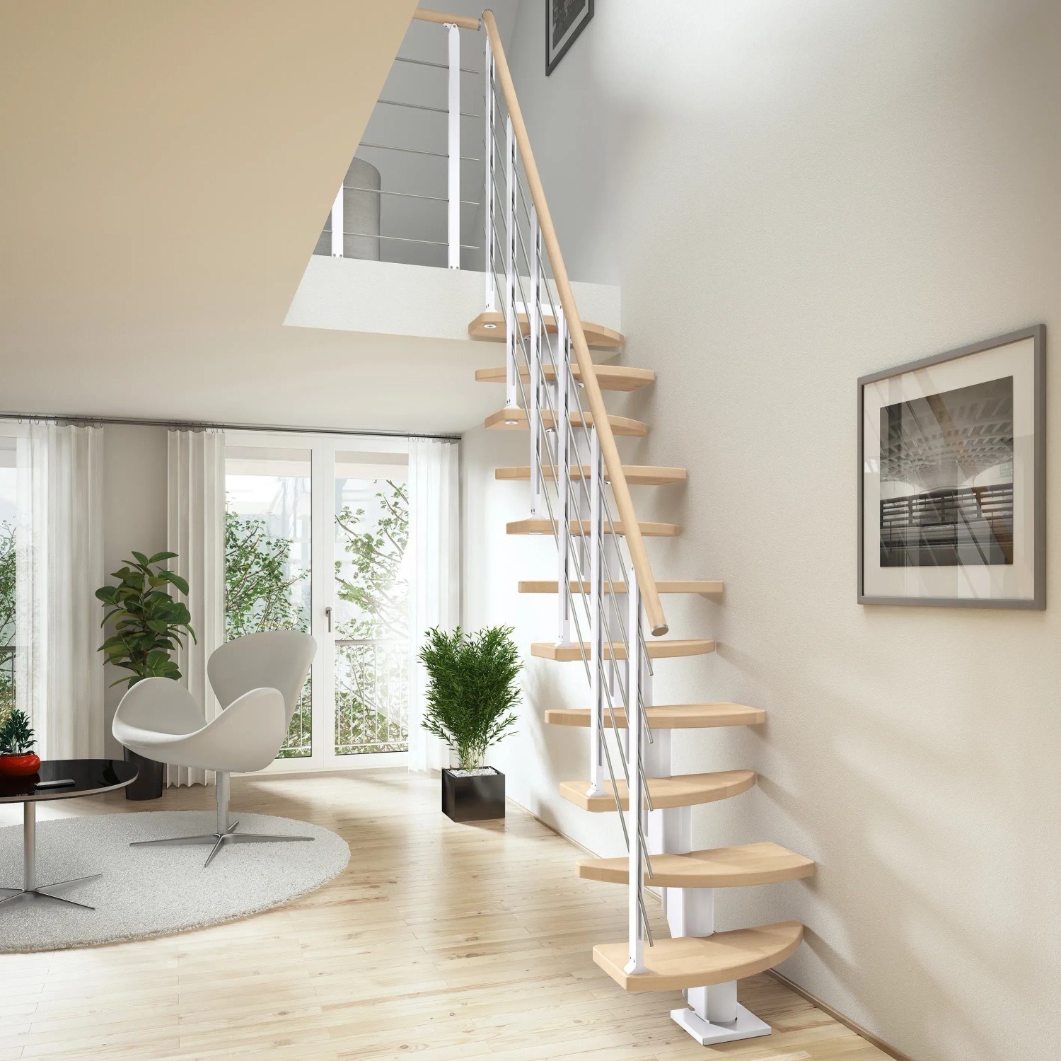 Dolle Mittelholmtreppe Berlin, Buche/Weiß, variable Geschosshöhe bis 315 cm, mit Geländer.