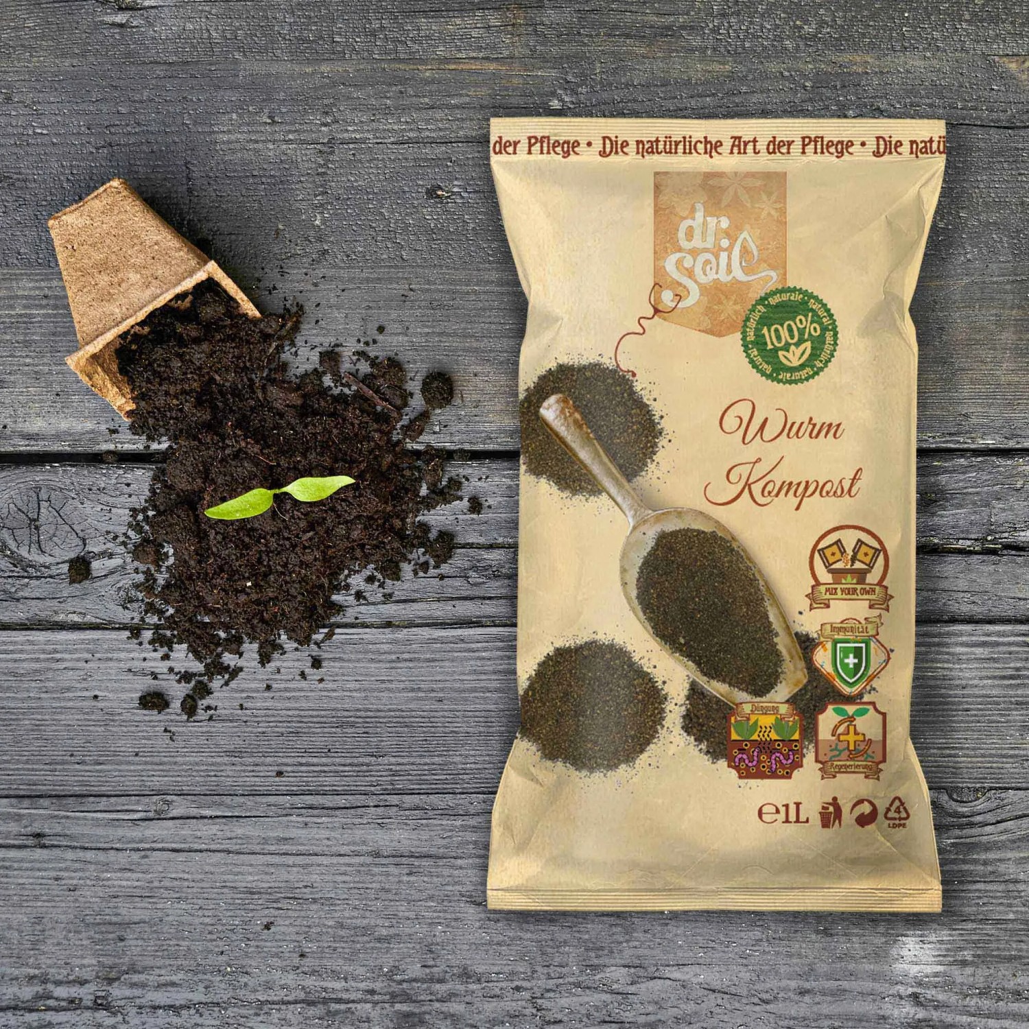 Dr.Soil Biohumus Wurmkompost 1L Beutel mit Pflanzschale und Sprosse.