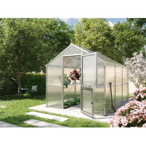 KGT Gewächshaus Alu blank 7,53 m² mit geöffneter Tür im Garten.