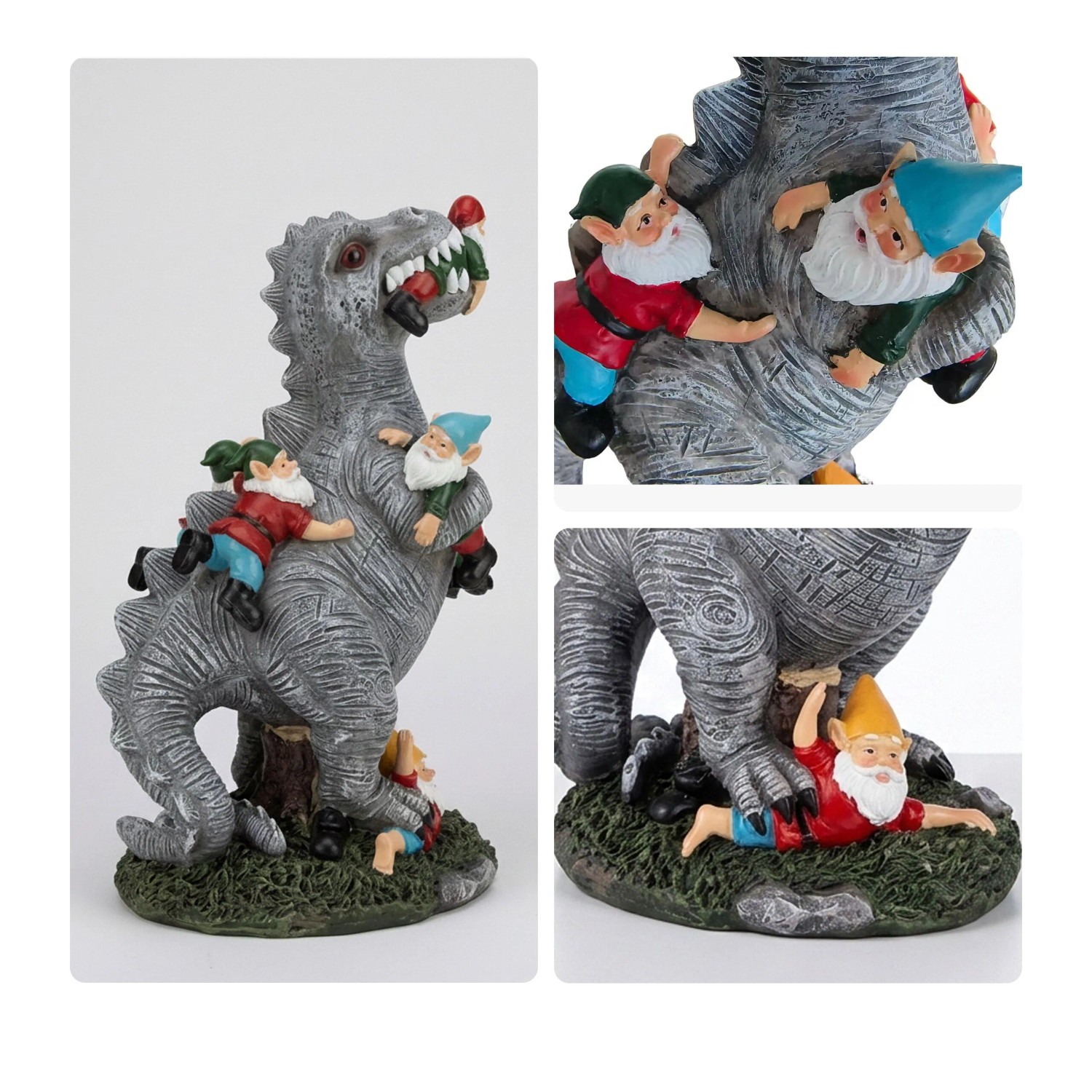 Bunte T-Rex Gartenfigur aus Harz mit Gartenzwergen, die auf dem Dinosaurier klettern und im Maul sind.