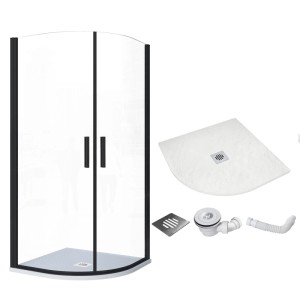 Schwarze Viertelkreis Dusche mit Drehtür aus Sicherheitsglas, Duschwanne und Ablaufsystem.