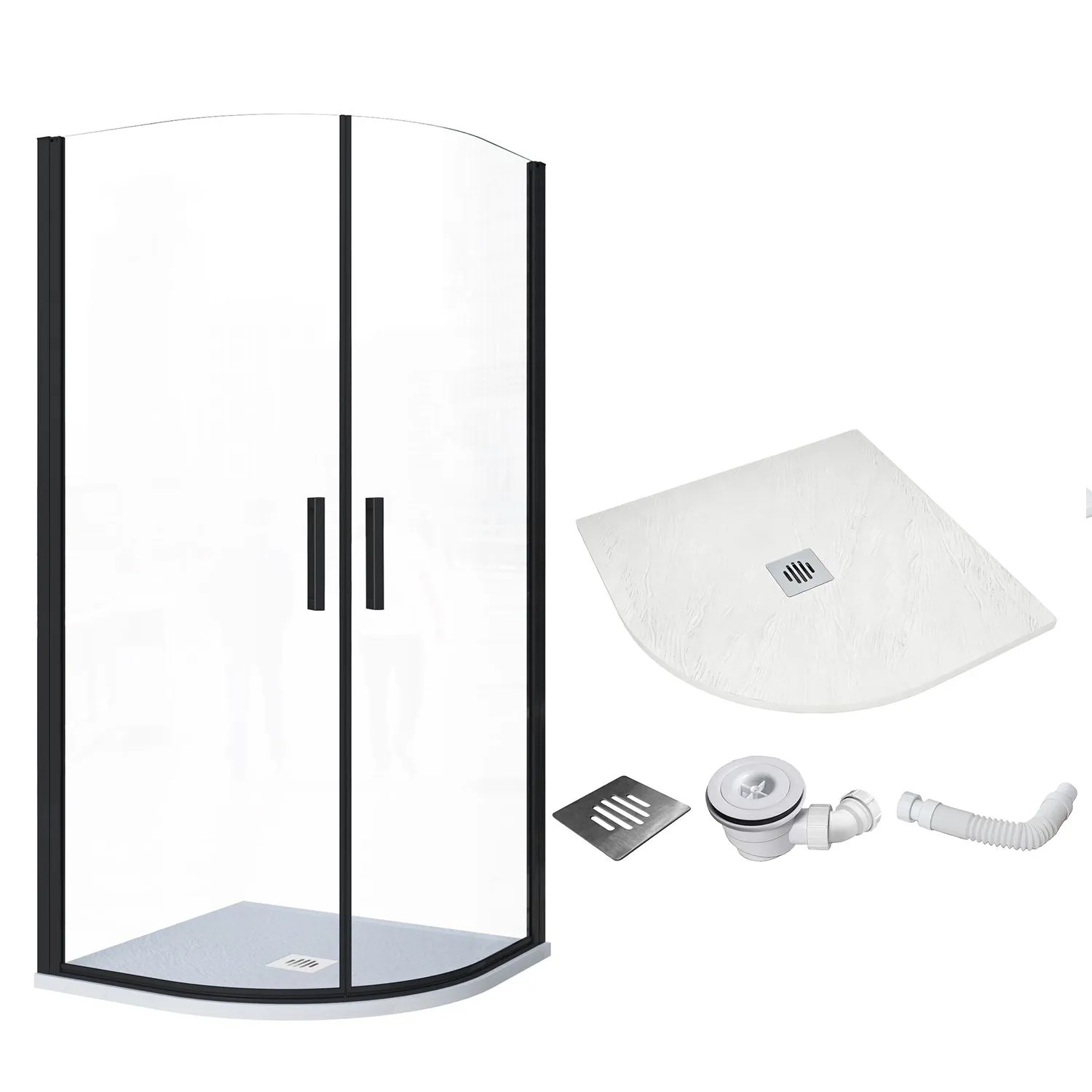 AICA Schwarze Viertelkreis Dusche 90x90x195 cm Drehtür 6mm ESG Sicherheitsglas mit Duschwanne und Ablaufsystem Typ 1